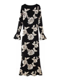 Floral Flounce Sleeve Round Neck Dress