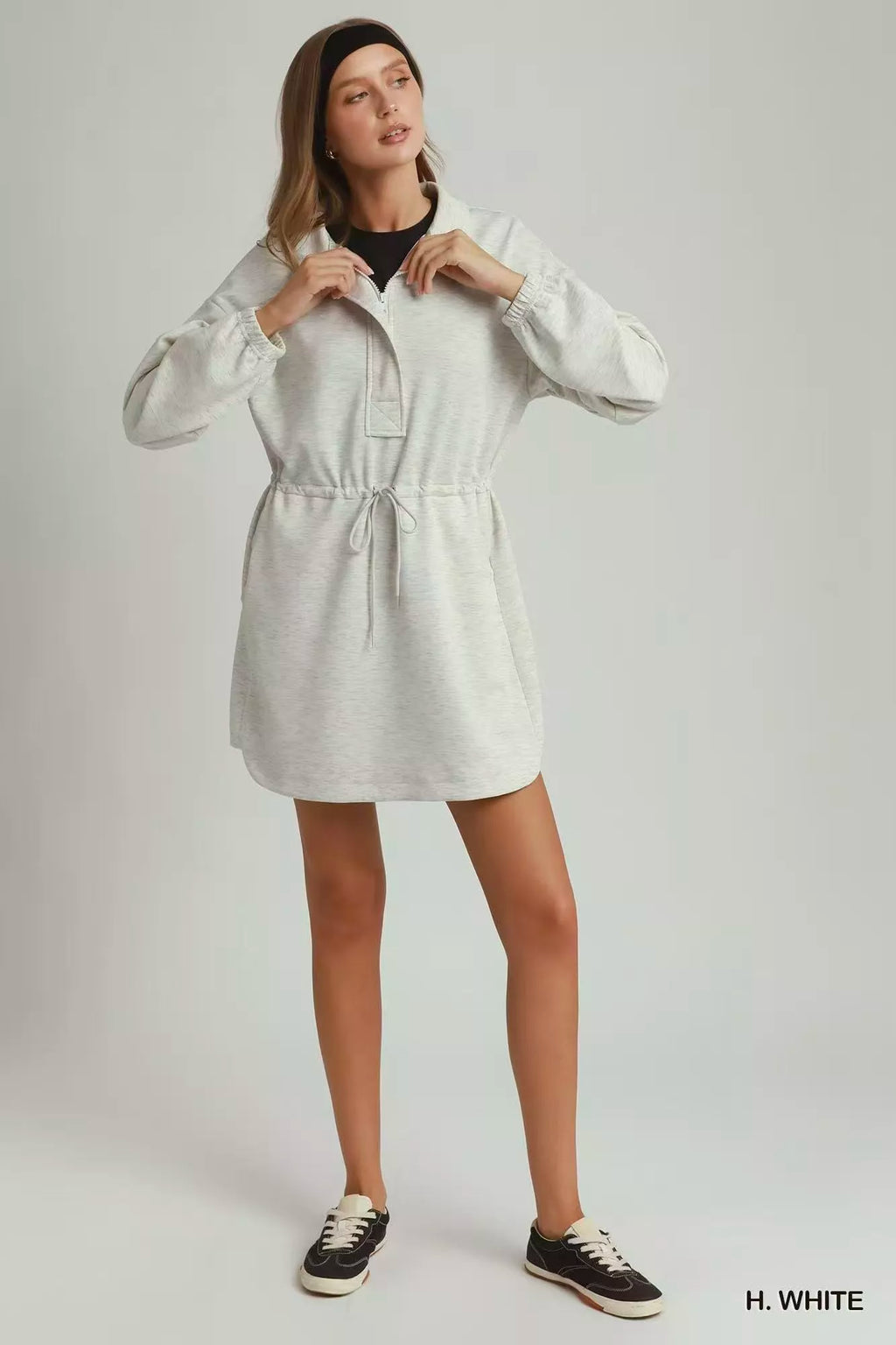 Umgee Half Zip-Up Drawstring Waist Dress
