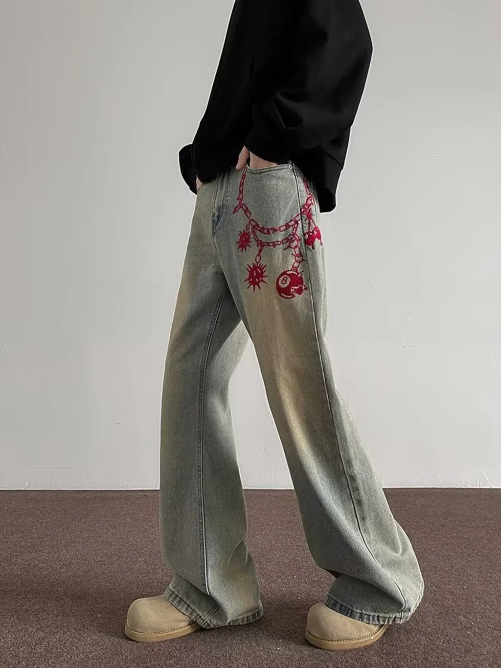 Men's Full Size Embroidered Wide Leg Jeans Plus Size