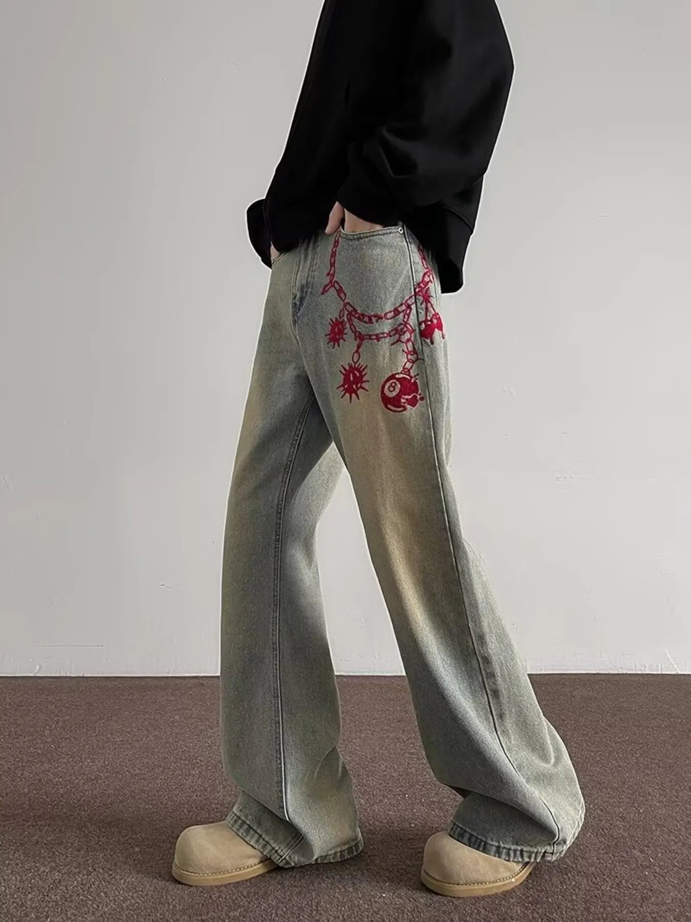 Men's Full Size Embroidered Wide Leg Jeans Plus Size