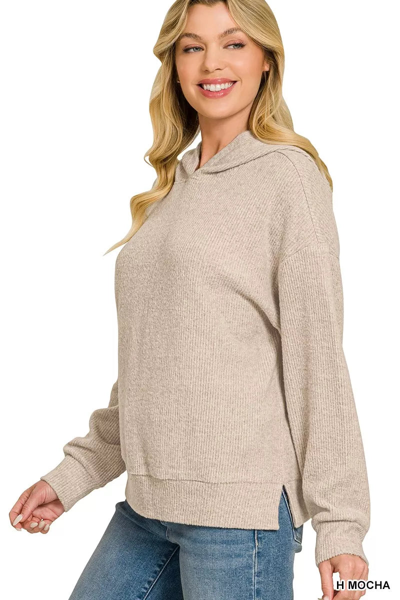 Zenana Brushed Ribbed Hacci Hoodie Pullover