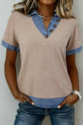 Ribbed Knit Contrast Denim Collar Top