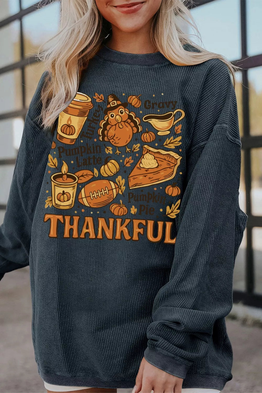 Thankful Thanksgiving Graphic Long Sleeve Sweatshirt
