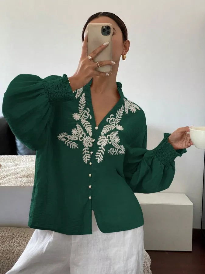 Embroidered Notched Long Sleeve Blouse