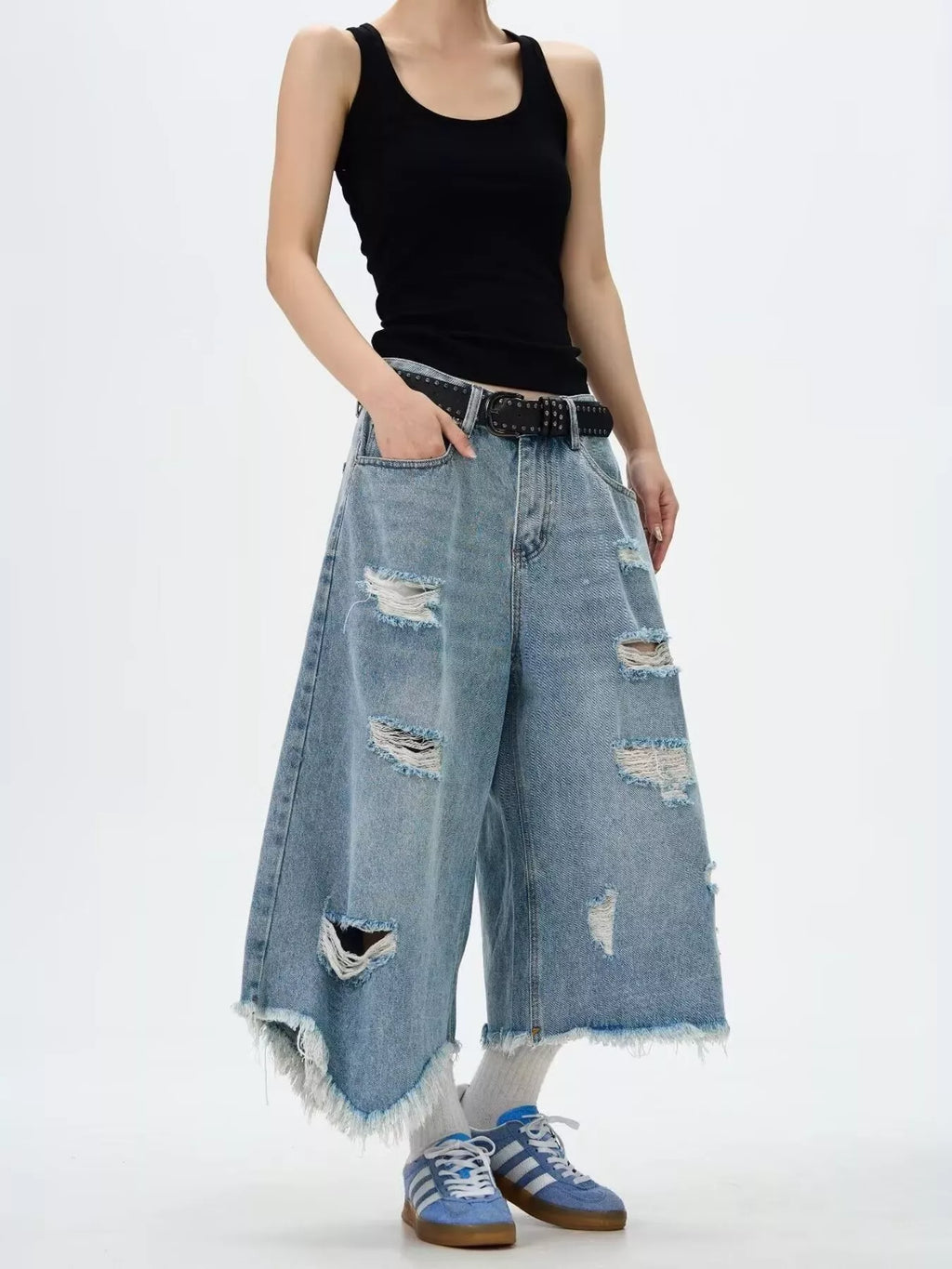 Men's Full Size Distressed Raw Hem Wide Leg Jeans Plus Size