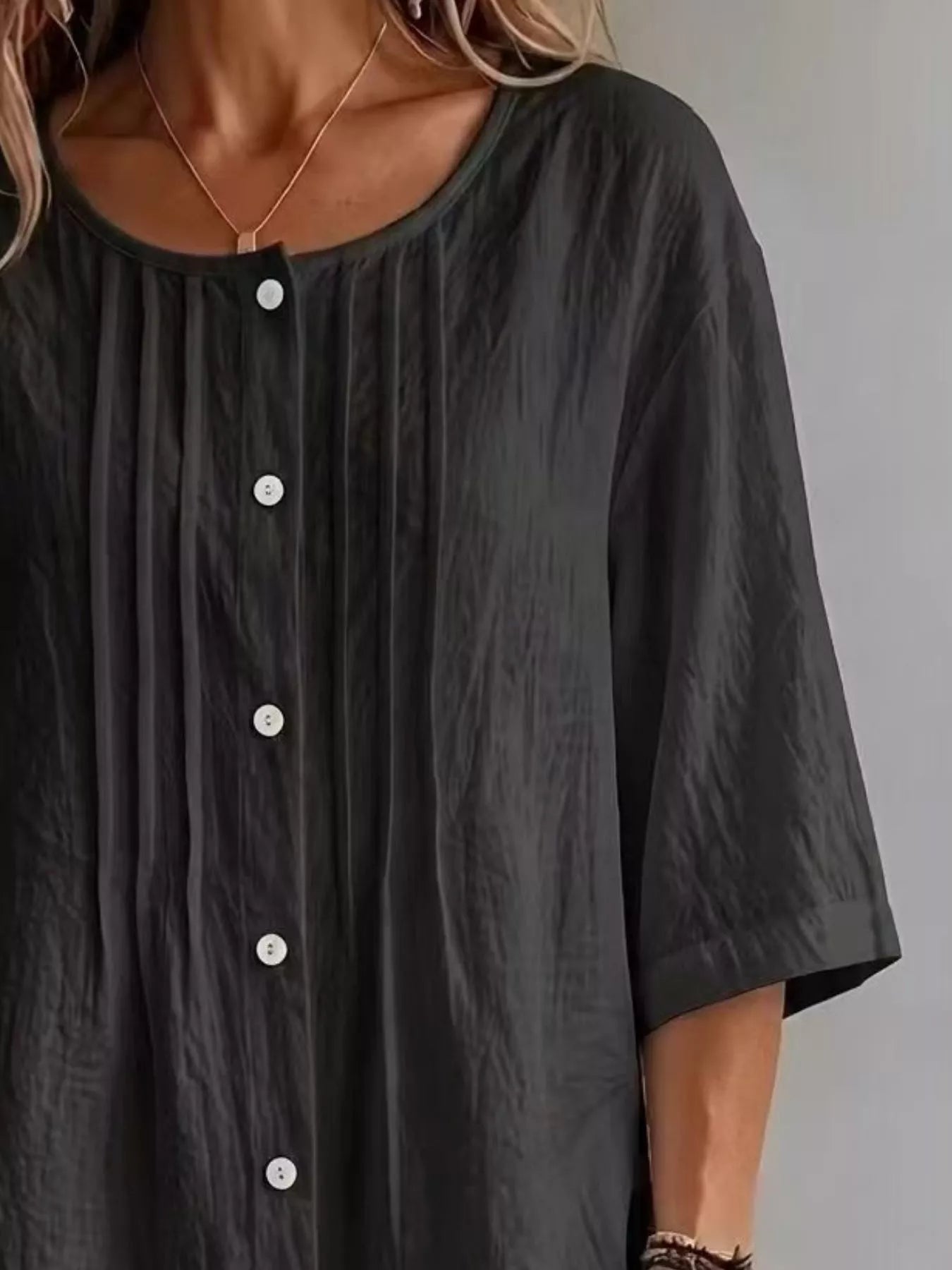 Full Size Texture Round Neck 3/4 Sleeve Blouse Plus Size