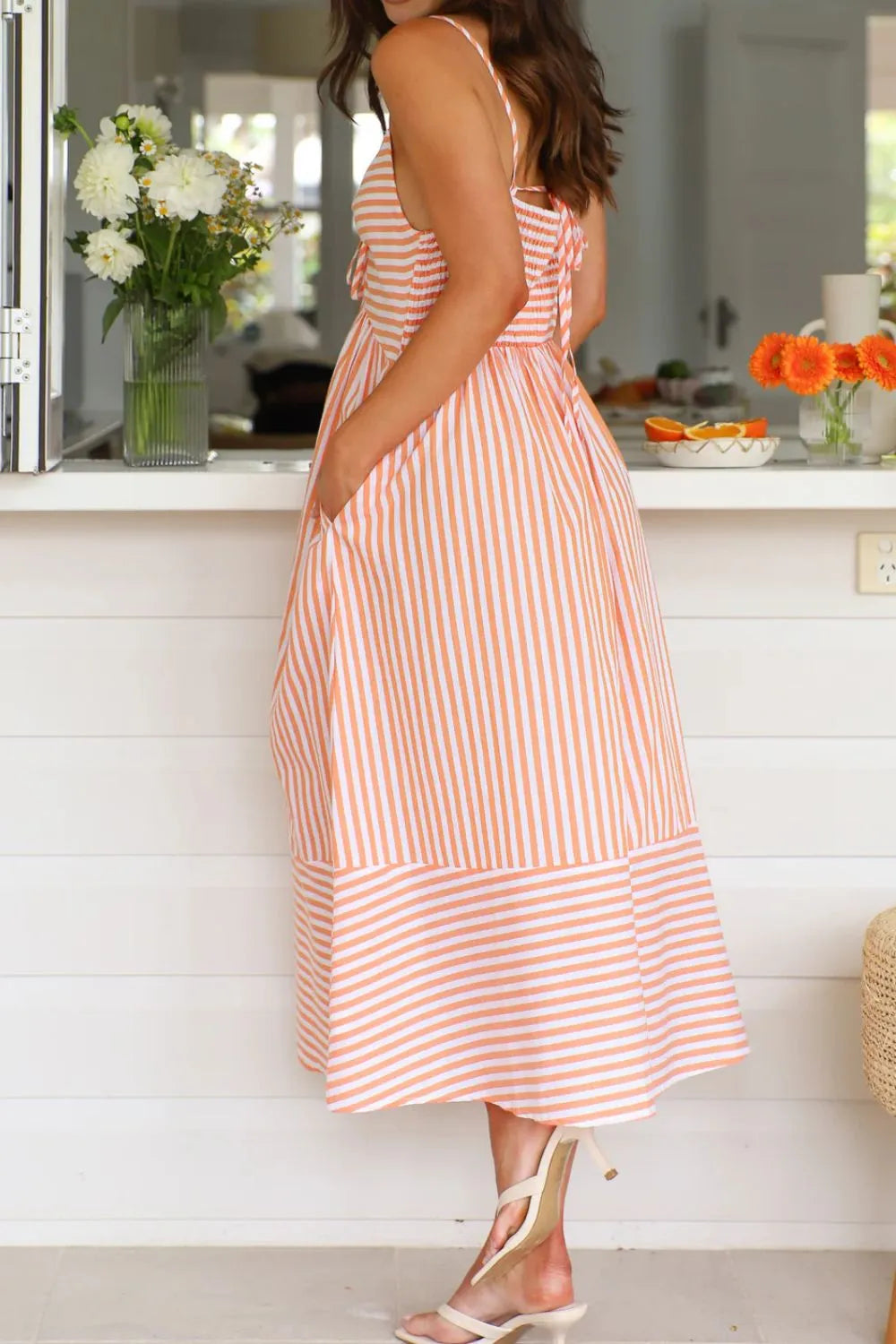 Smocked Back Striped Sleeveless Midi Dress