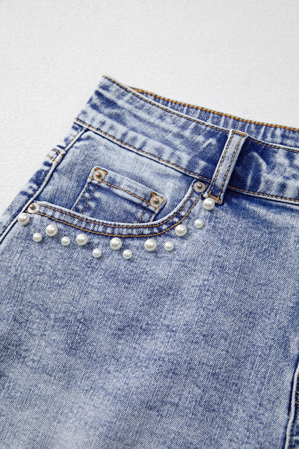 Pearl Studded Pockets Raw Hem Denim Shorts