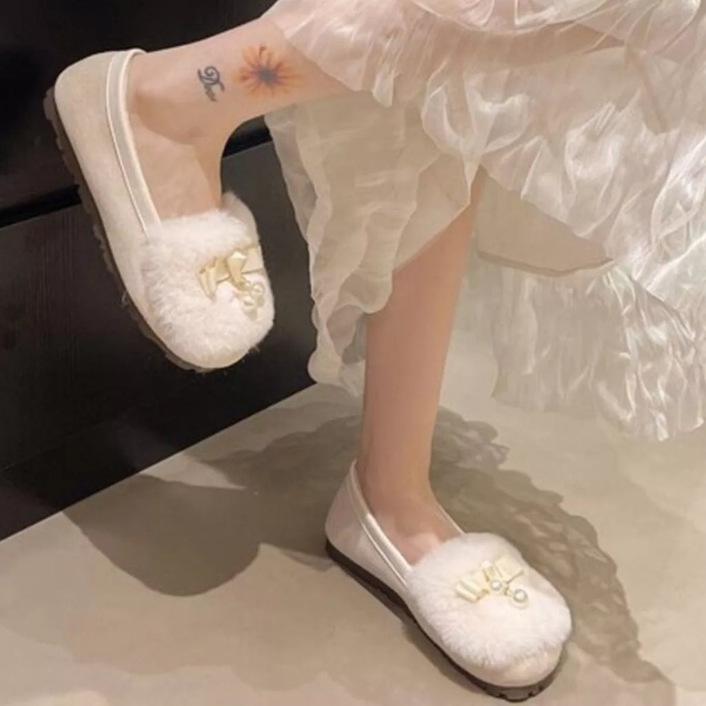 Fuzzy Pearl Bowknot Slip-Ons