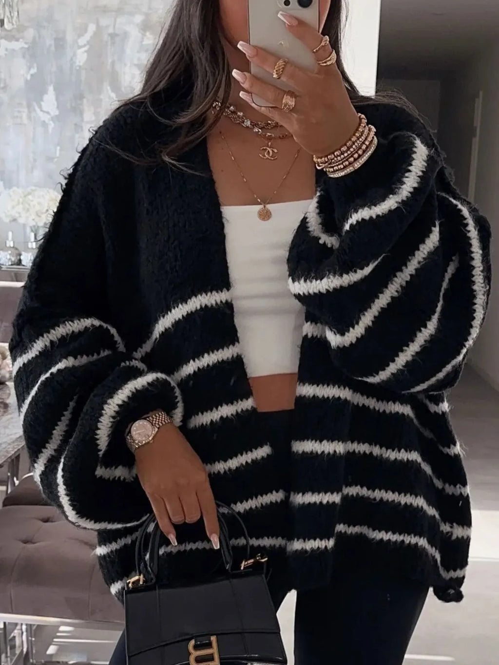 Striped Open Front Dropped Shoulder Cardigan