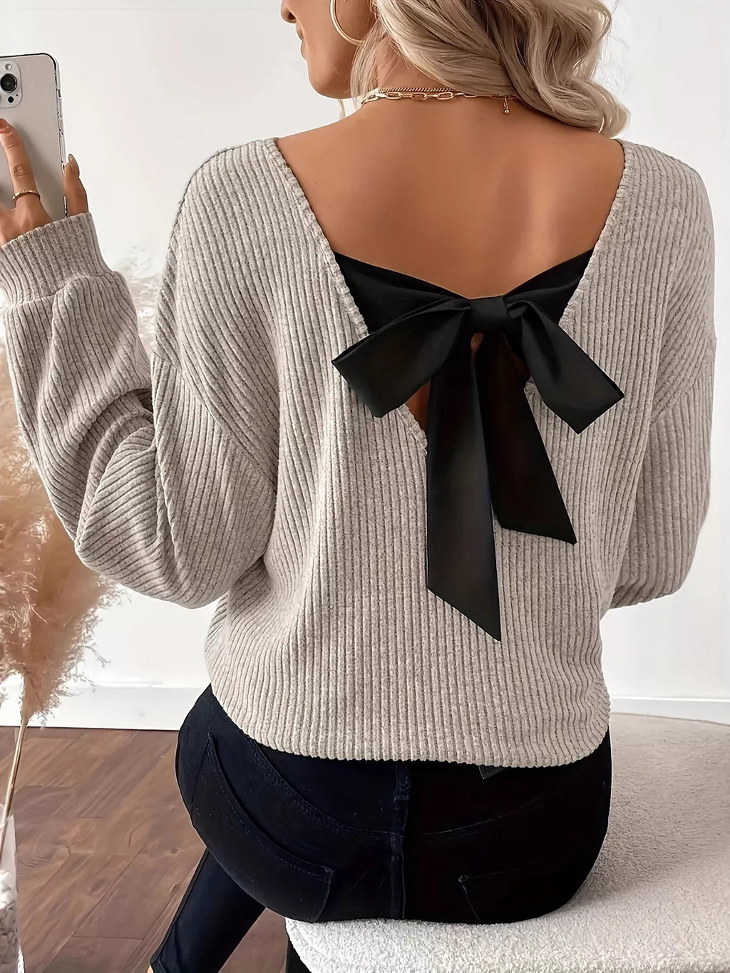 Full Size Ribbed Knit Backless Bow T-Shirt Plus Size