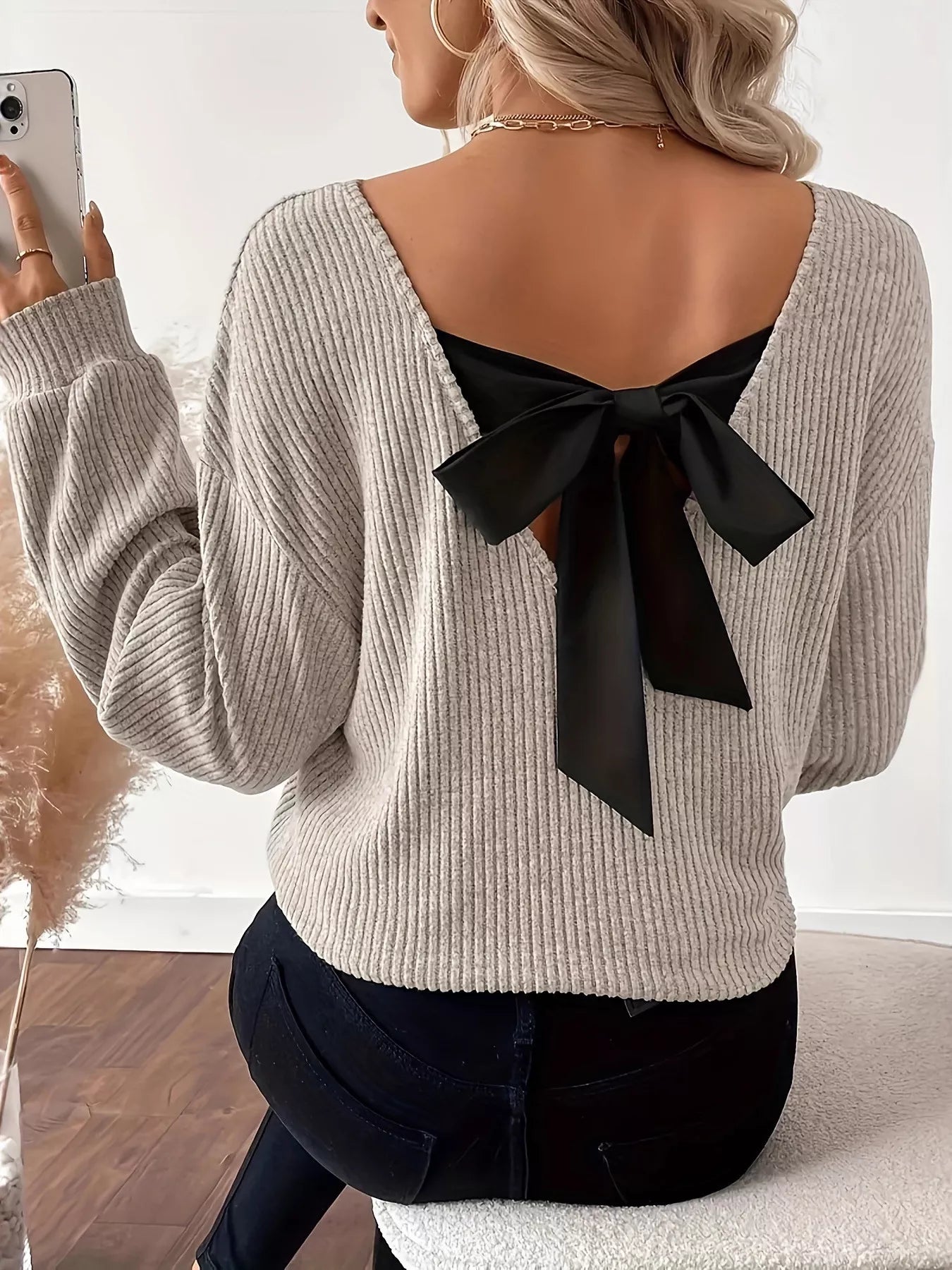 Full Size Ribbed Knit Backless Bow T-Shirt Plus Size