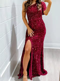 Sequin One-Shoulder Dress with High Slit