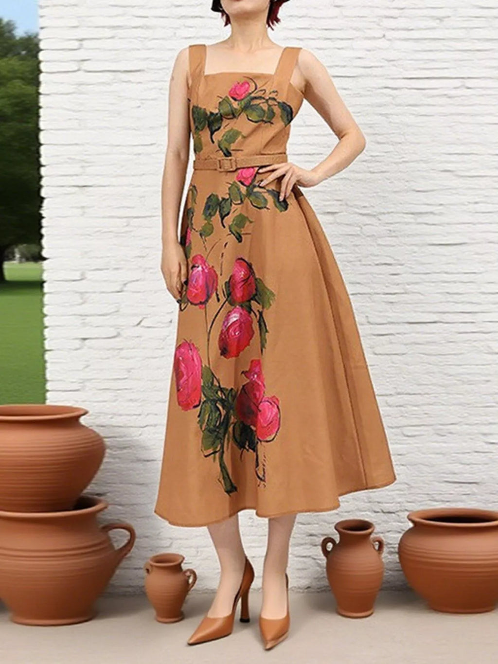 Floral Print Square Neck Midi Dress