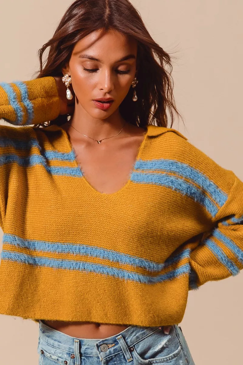 SO ME Fuzzy Hairy Stripe Deep U Neck Swetaer