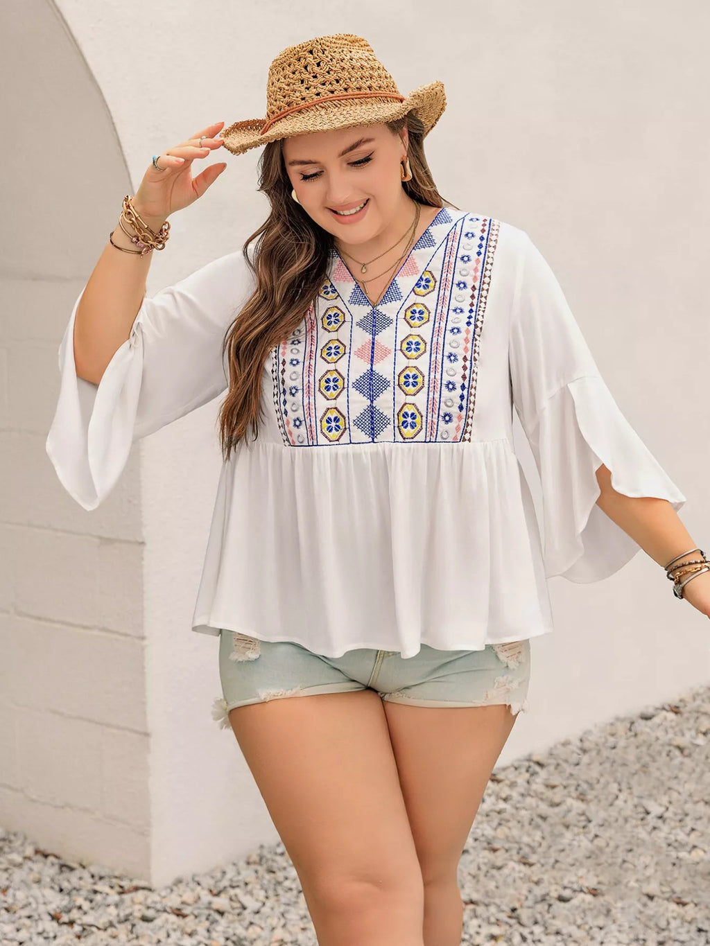 Plus Size Geometric V-Neck Flare Sleeve Blouse