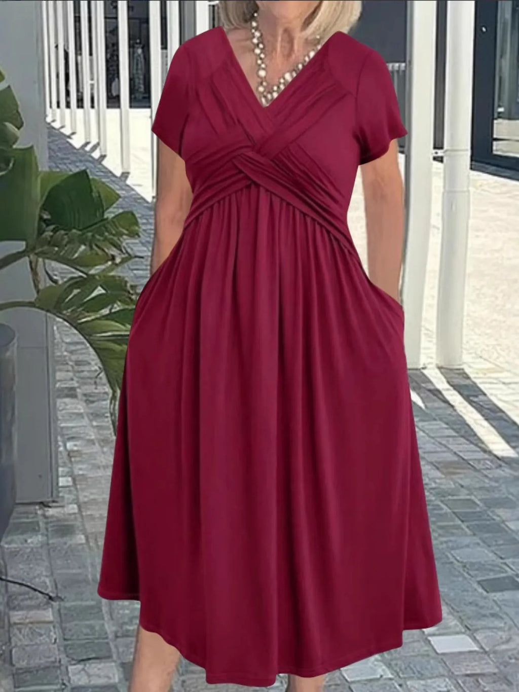 V-Neck Short Sleeve Midi Dress