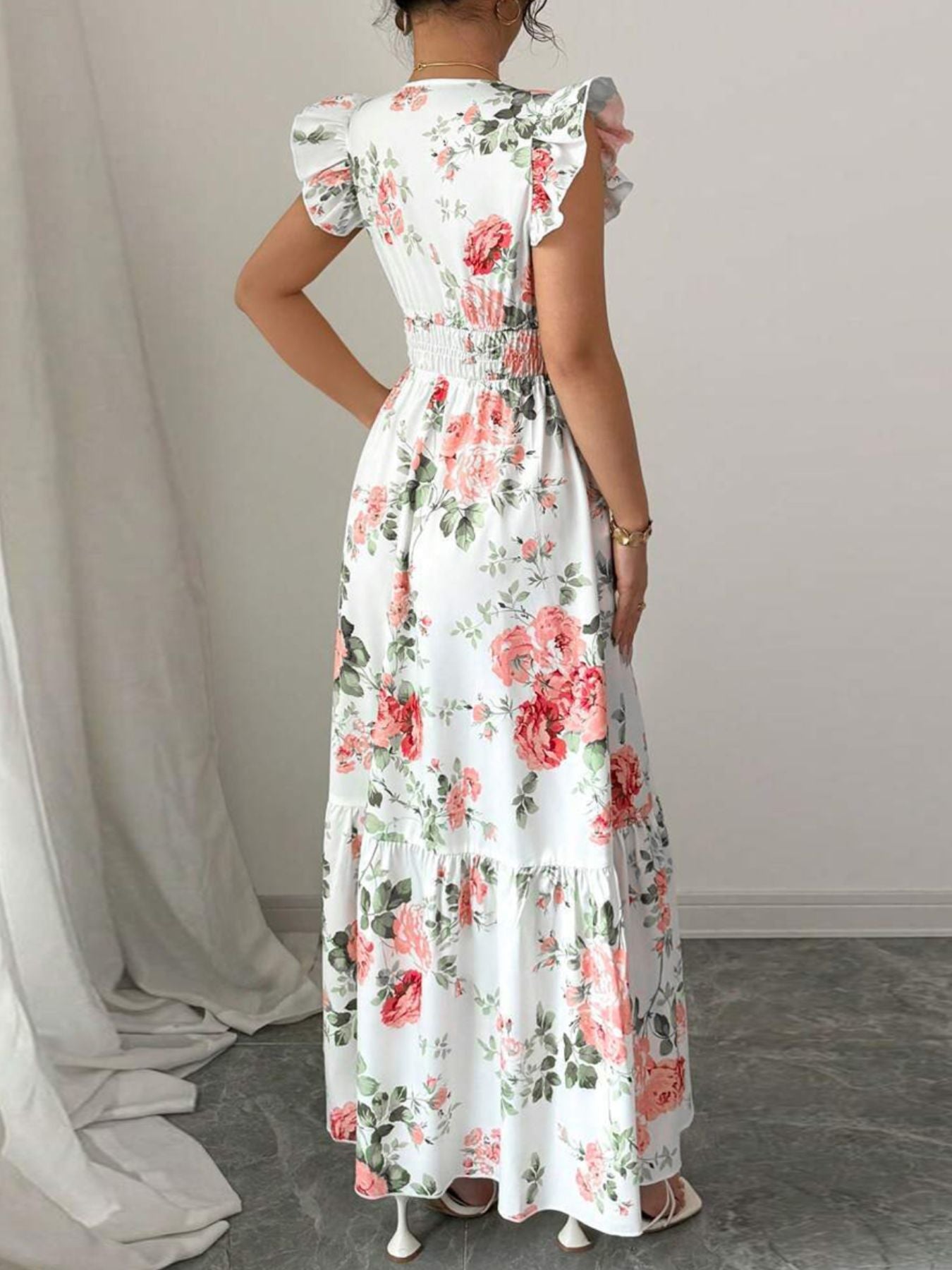 Floral Print Ruffle Sleeve Tiered Maxi Dress