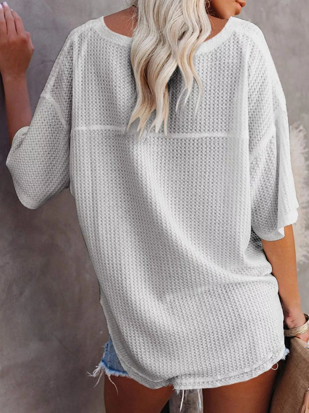 Waffle Knit V-Neck Short Sleeve T-Shirt