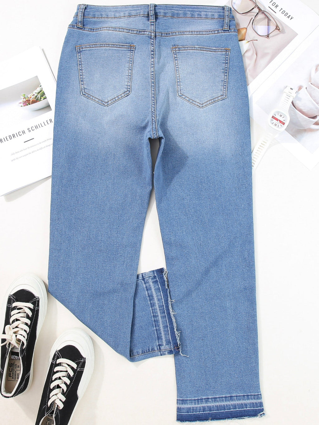 Whiskered Wash Raw Hem Cropped Jeans
