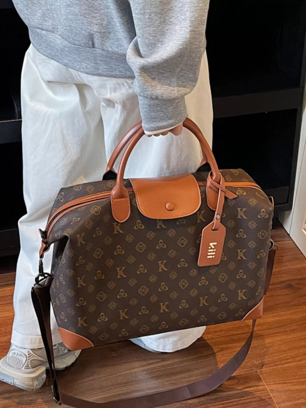 Patterned Leather Trim Crossbody Bag