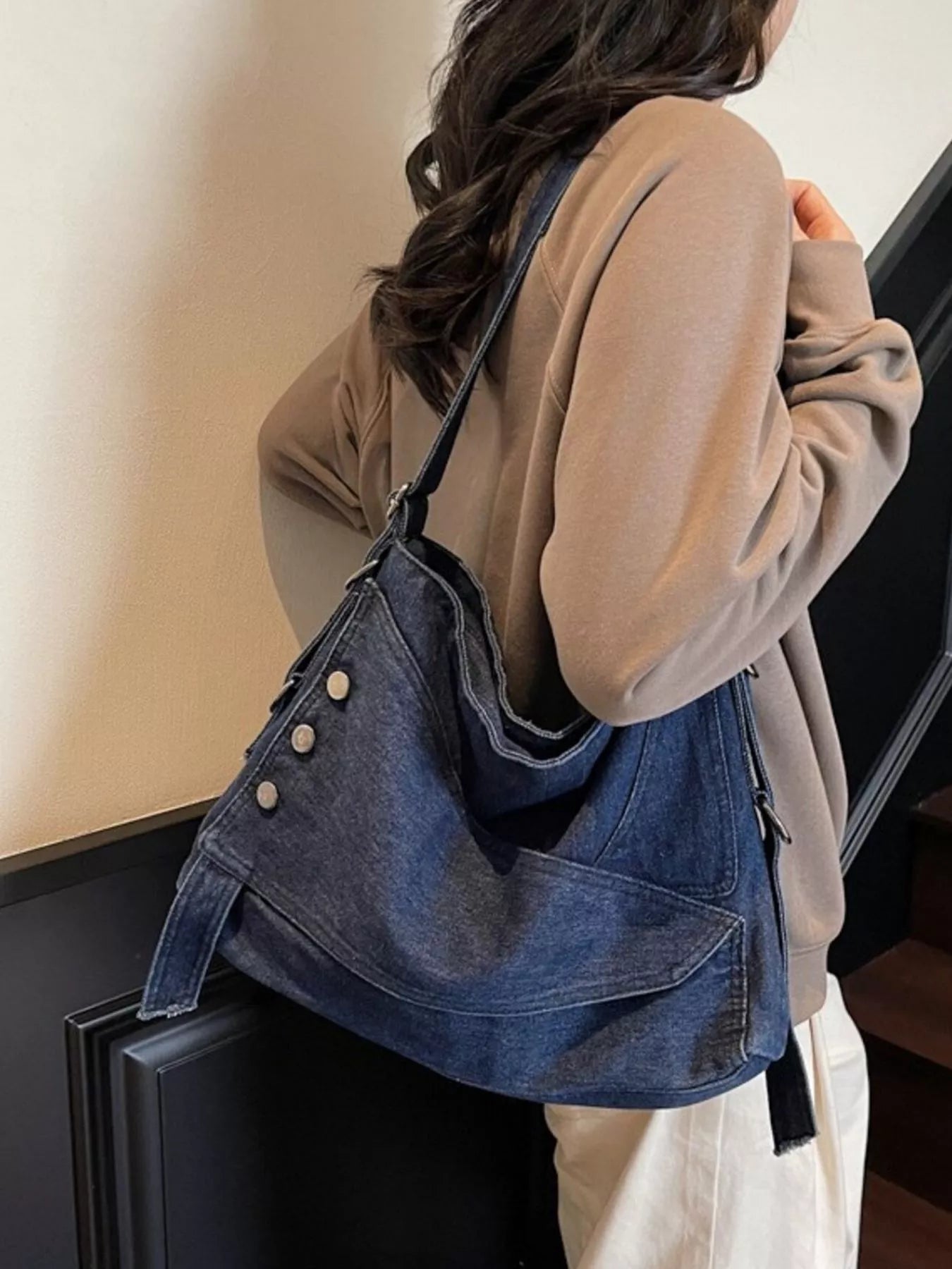 Casual Denim Crossbody Bag with Button Detail