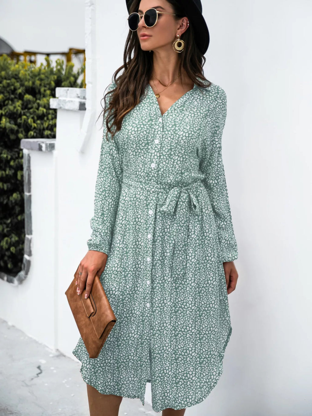 Button Down Printed Long Sleeve Shirt Dress