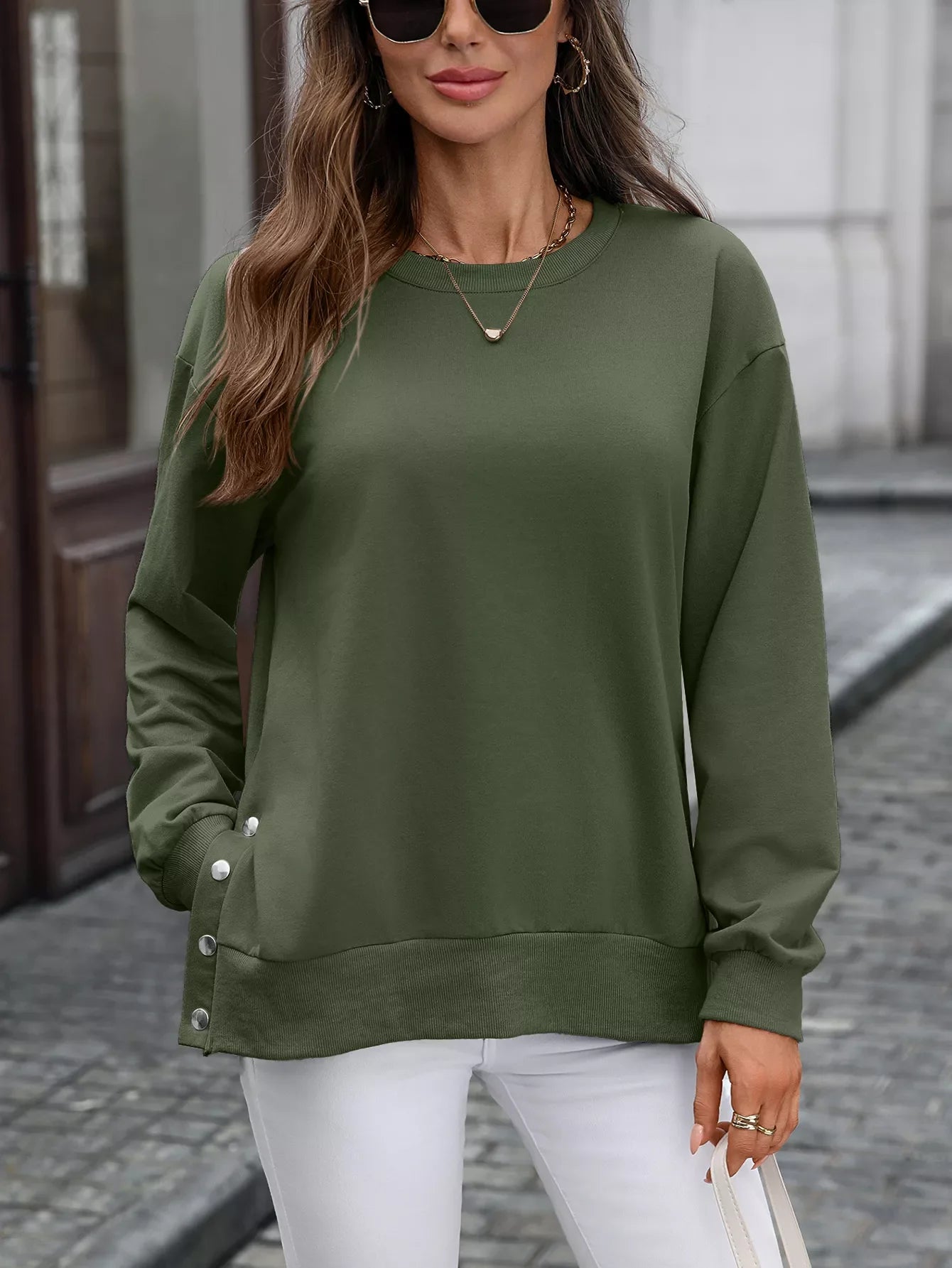 Side Snap Round Neck Sweatshirt