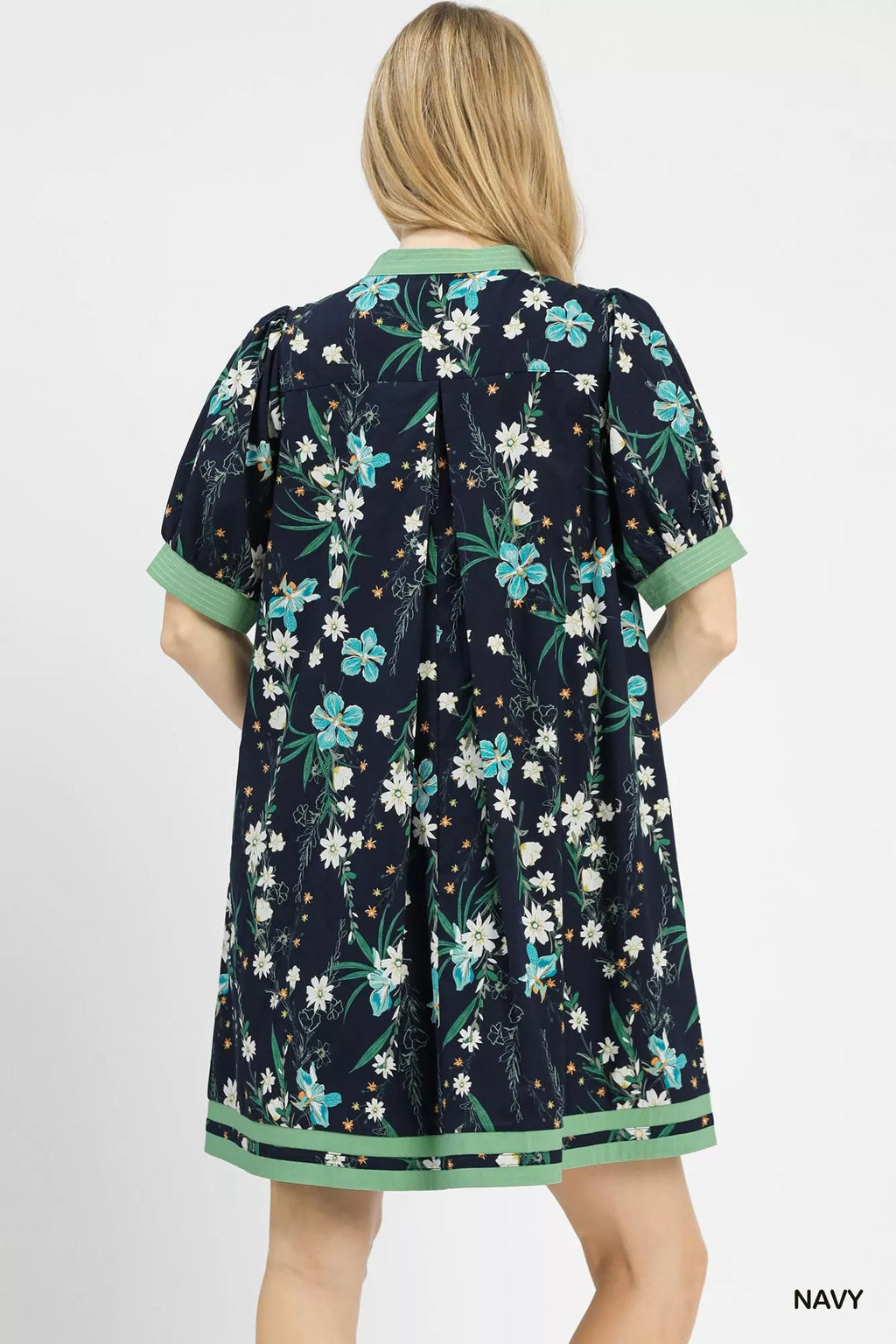 Umgee Floral Puff Sleeve Dress with Contrast Trim