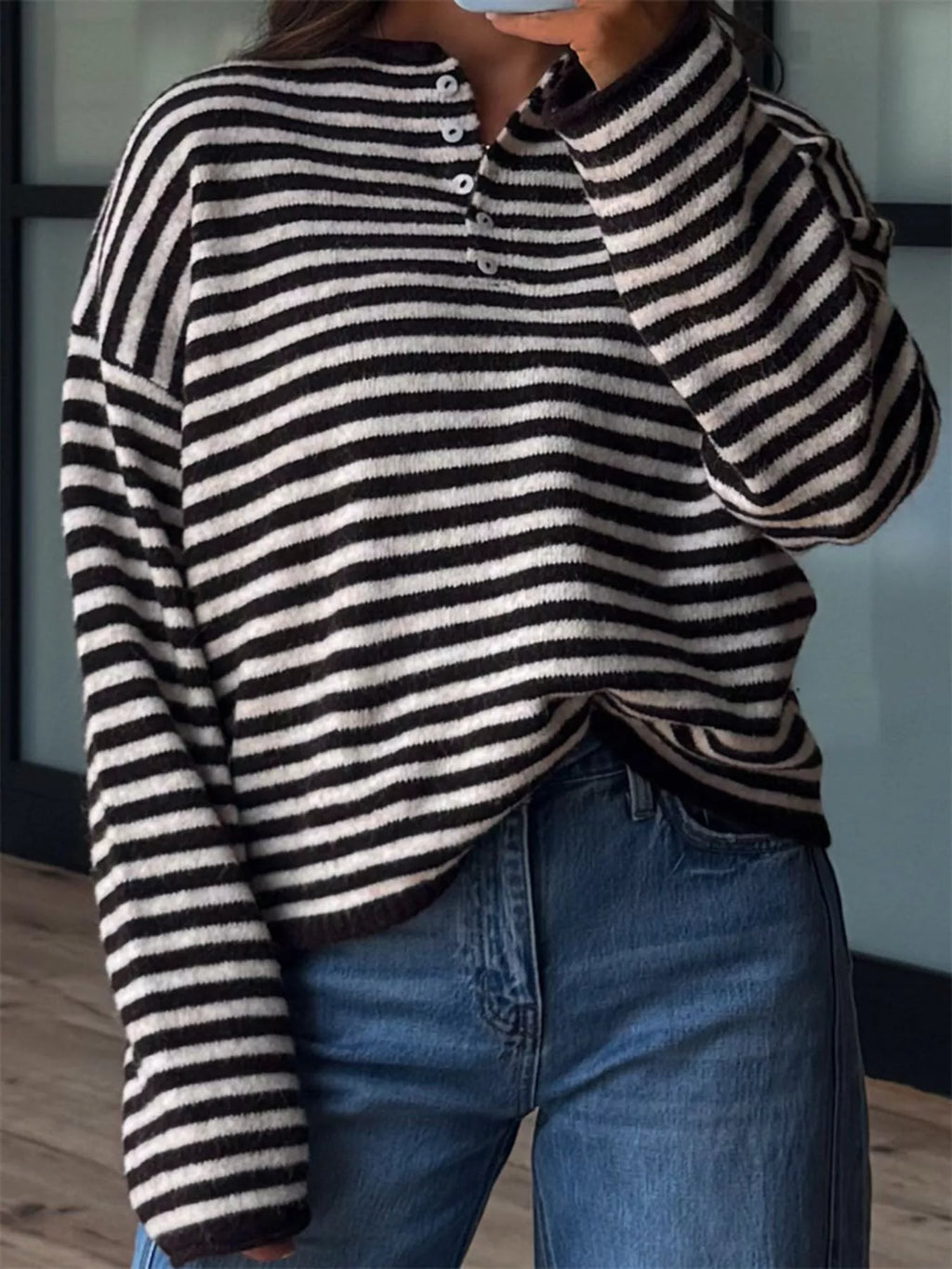 Button Detail Dropped Shoulder Striped Sweater