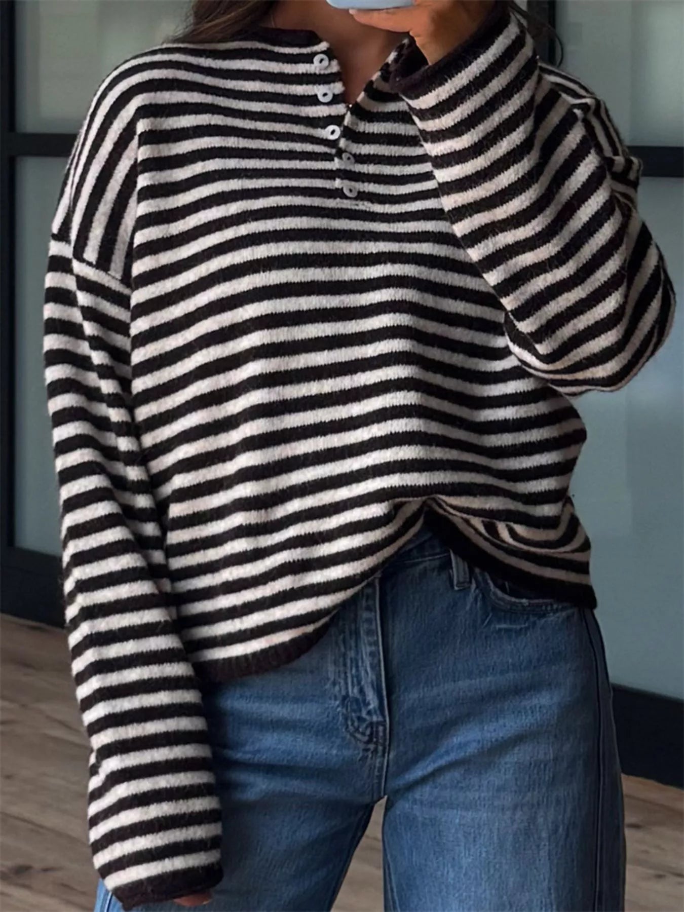 Button Detail Dropped Shoulder Striped Sweater