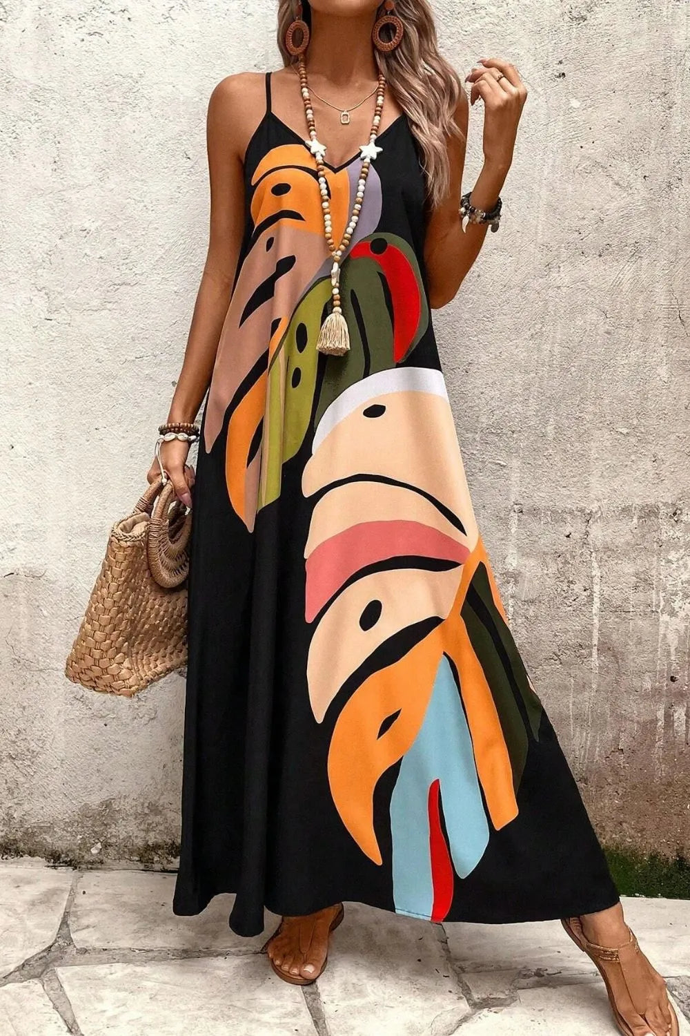Tropical Leaf Print V-Neck Maxi Cami Dress