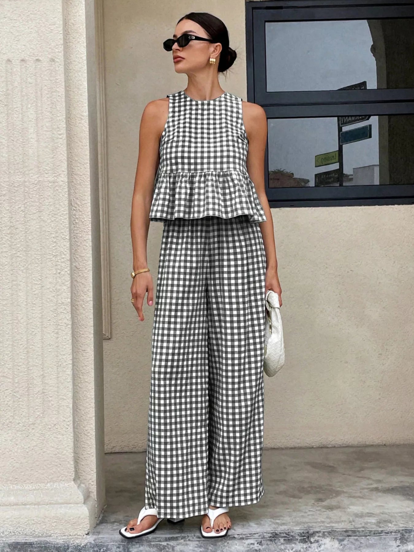 Gingham Sleeveless Top and Wide Leg Pants Set