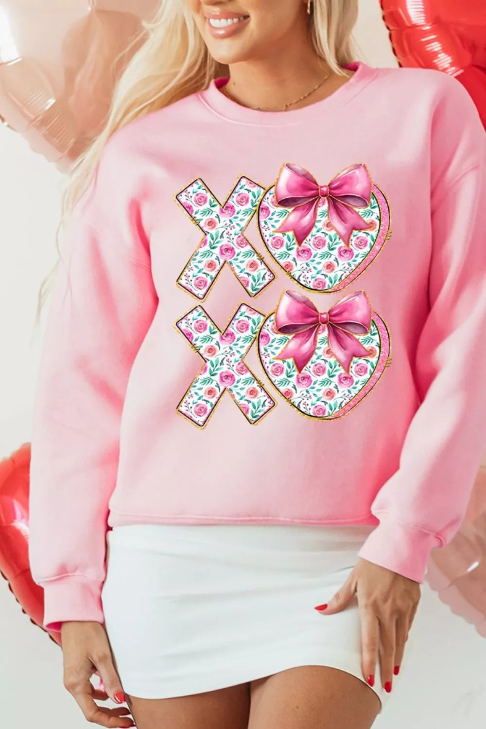 Bow Floral Printed Valentines Day XOXO Sweatshirt
