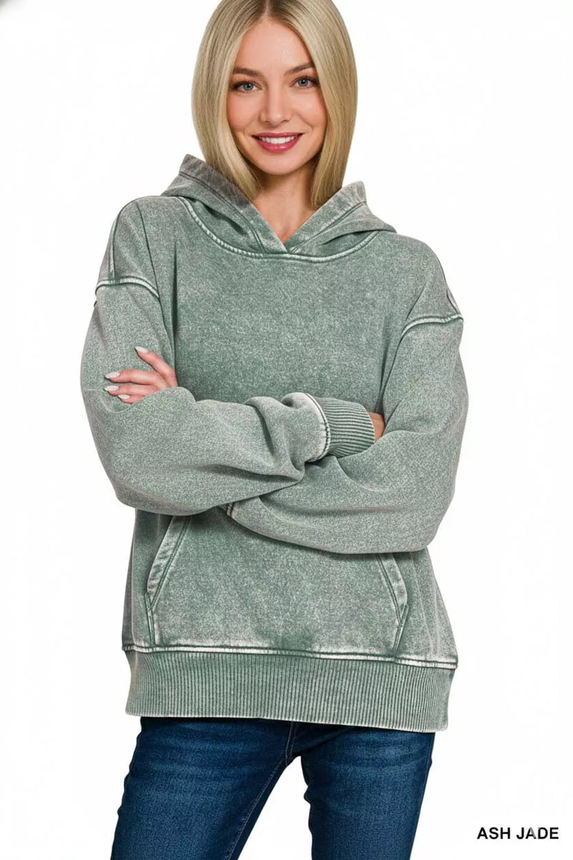 Zenana Fleece Acid Wash Kangaroo Pocket Hoodie