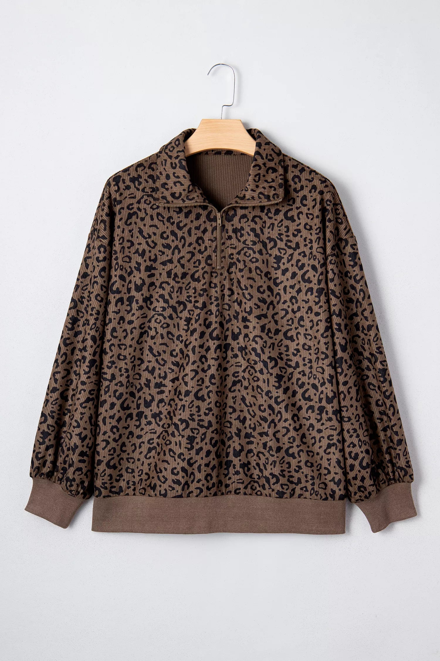 Leopard Print Quarter Zip Corduroy Sweatshirt