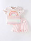 Children's Rainbow Striped Ruffle Trim Tee and Shorts Set