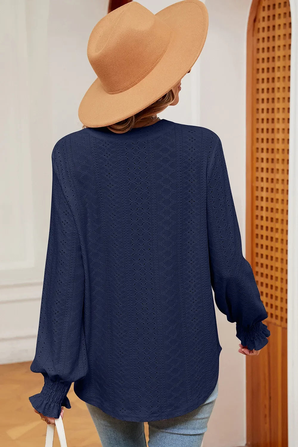 Eyelet Notched Long Sleeve T-Shirt