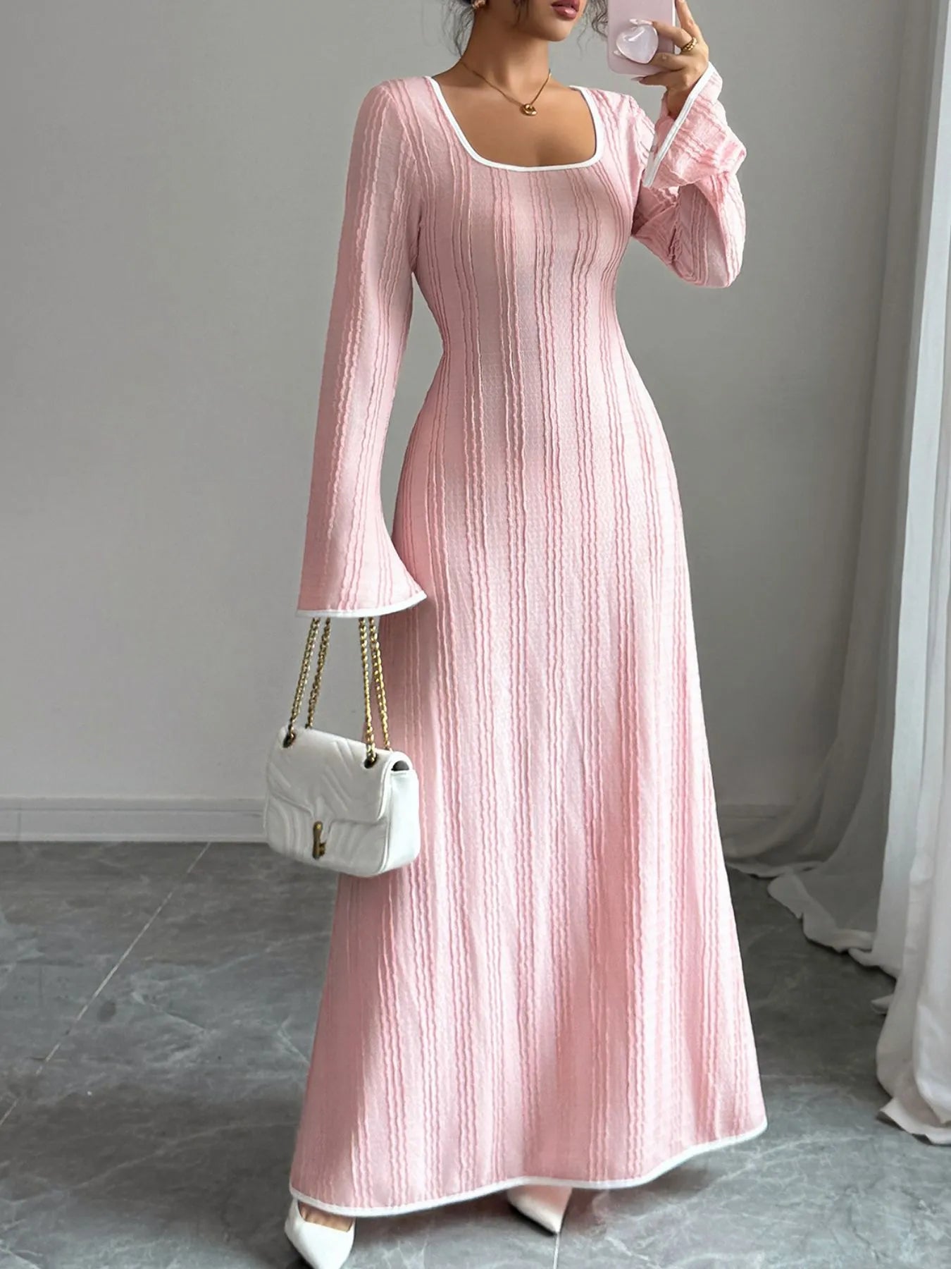 Textured Square Neck Long Sleeve Maxi Dress