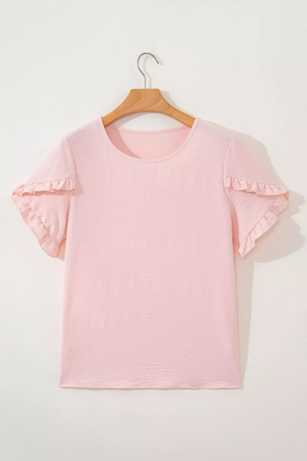 Solid Color Ruffle Trim Short Sleeve Blouse