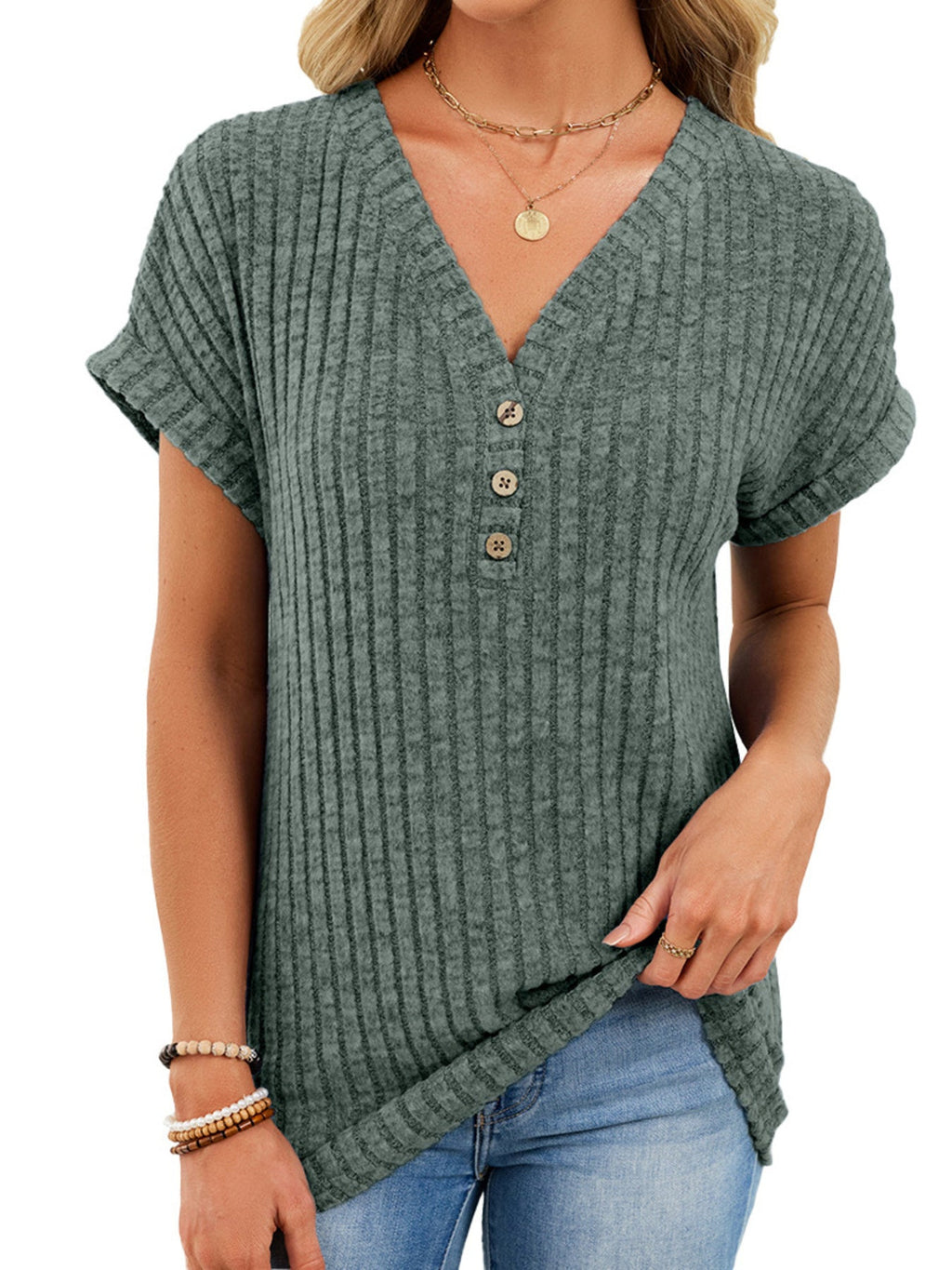 Ribbed Knit V-Neck T-Shirt