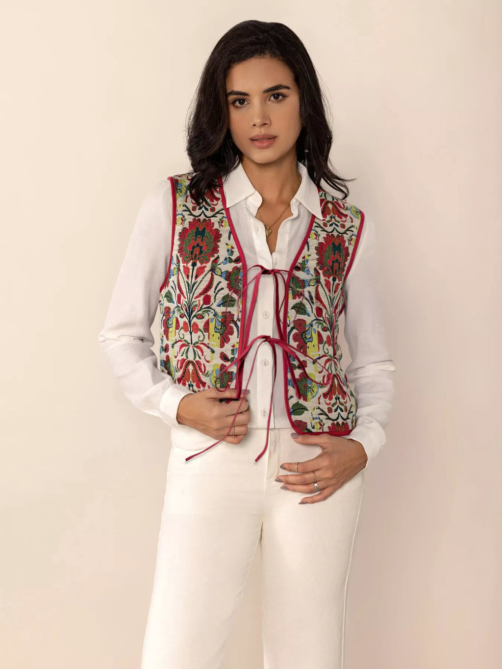 Floral Embroidered Tie-Front Vest Coat