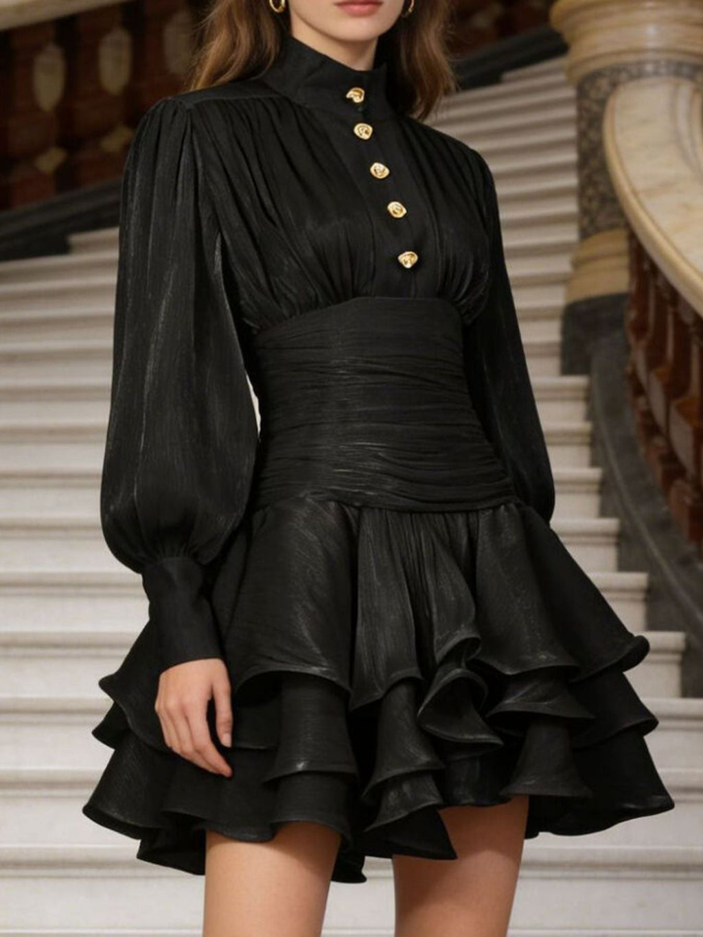 Ruffled Layered Lantern Sleeve Mini Dress