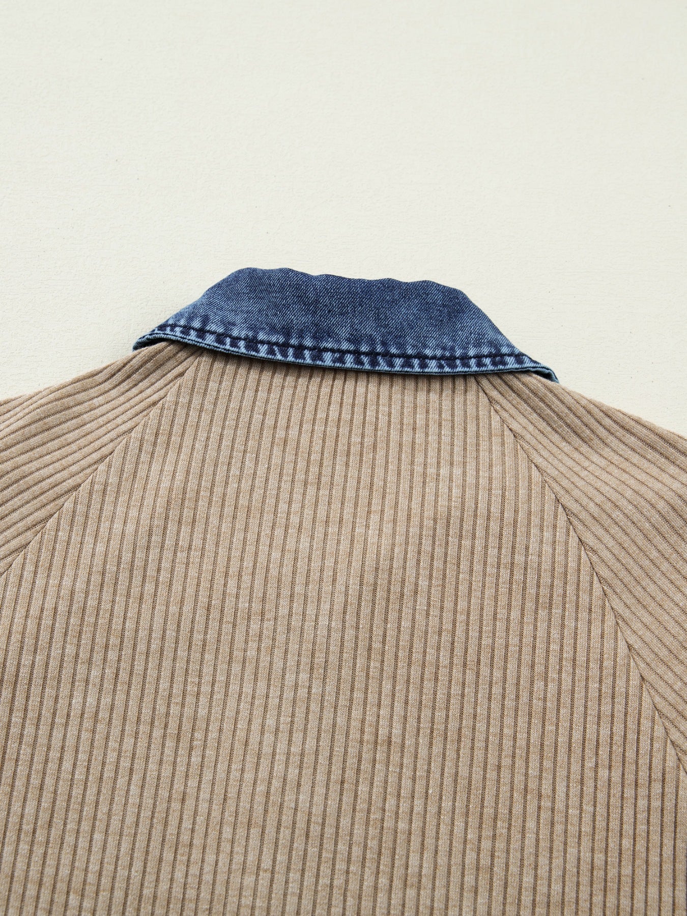Ribbed Knit Denim Trim Button Detail Top