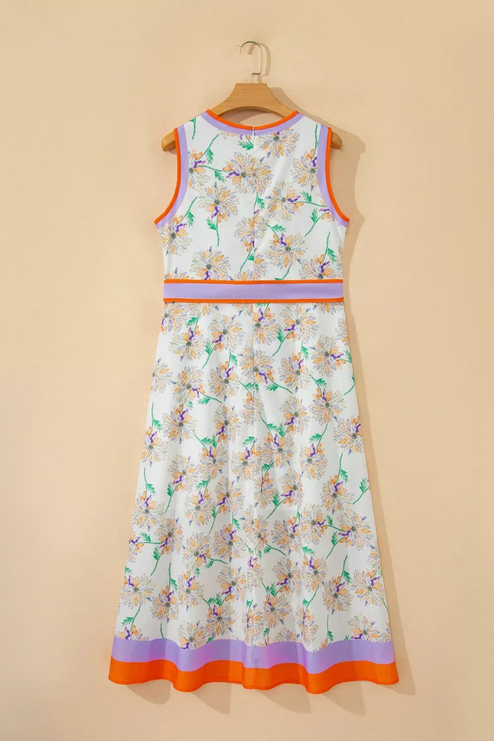 Floral Print Color Block Trim Belted Sleeveless Dress