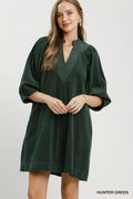 Umgee Corduroy V-Neck Puff Sleeve Shift Dress with Pockets