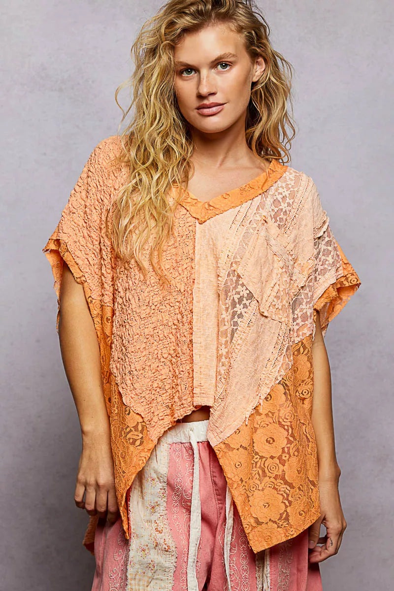 POL Asymmetrical V-Neck Short Sleeve Lace Top