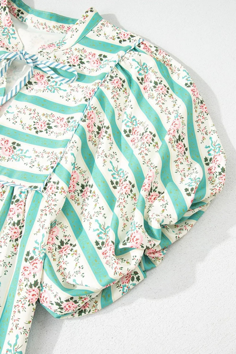 Striped Floral Print Tie Neck Puff Sleeve Midi Dress