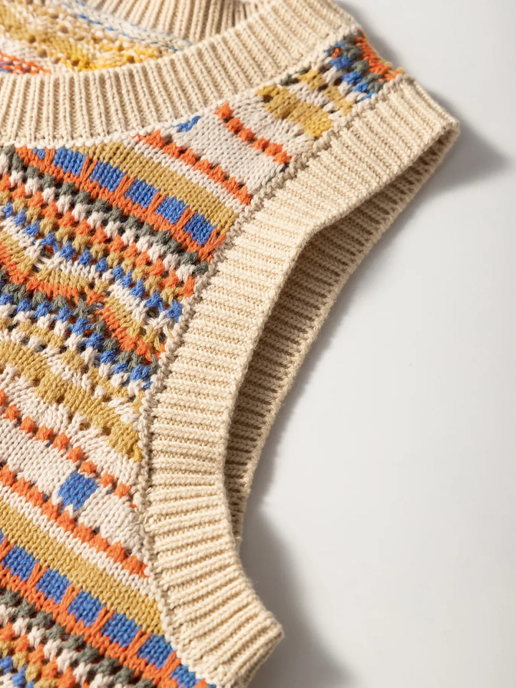 Stripe Eyelet Crochet Round Neck Sweater Vest
