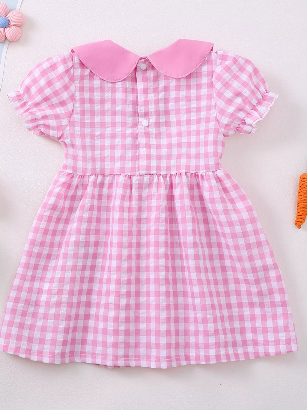 Children's Gingham Bunny & Carrot Embroidered Peter Pan Collar Smocked Dress
